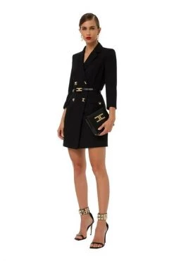 Elisabetta Franchi Casual Jurken Coat Dress With Studs And Belt Black