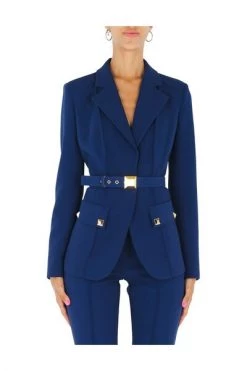 Elisabetta Franchi Blazers Jacket With Belt At The Waist And Gold Studs Blue -Elisabetta Franchi Winkel 228c543d714725ac5c85e9aedb873df8