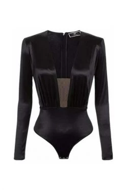 Elisabetta Franchi Bodies Wide Neck Bodysuit With Long Sleeves Black
