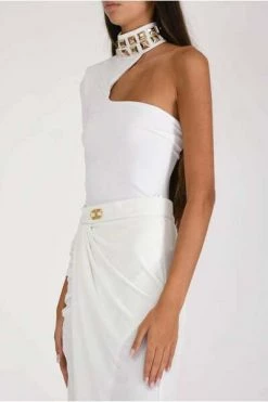 Elisabetta Franchi Feestjurken Red Carpet Dress With Studded High Collar White