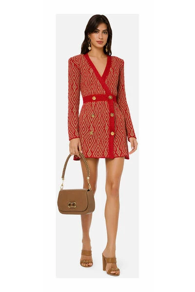 Elisabetta Franchi Casual Jurken Coat Dress With Ethnic Diamond Pattern Red 1 Elisabetta Franchi Casual Jurken Coat Dress With Ethnic Diamond Pattern Red