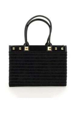 Elisabetta Franchi Schoudertassen Striped Chenille Medium Shopper Black -Elisabetta Franchi Winkel 4243c480b4d91021bda4158844b79d60
