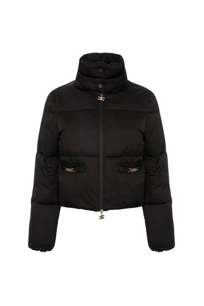 Elisabetta Franchi Bomber Jackets CROP PADDED DOWN JACKET WITH GOLD ACCESSORIES Black 2 Elisabetta Franchi Bomber Jackets CROP PADDED DOWN JACKET WITH GOLD ACCESSORIES Black - Afbeelding 2