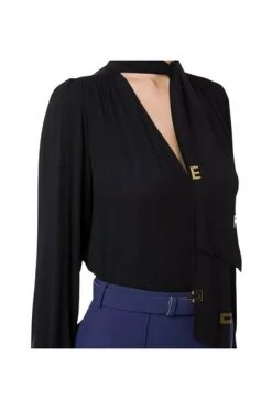 Elisabetta Franchi Blouses Shirt With Scarf And Gold Logo Plates Black