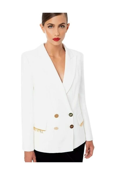 Elisabetta Franchi Blazers DOUBLE BREASTED STRAIGHT JACKET WITH CHARMS White 2 Elisabetta Franchi Blazers DOUBLE BREASTED STRAIGHT JACKET WITH CHARMS White - Afbeelding 2