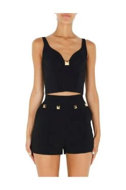 Elisabetta Franchi Tops Crepe Top With Maxi Gold Stud Black