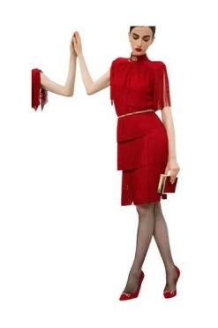 Elisabetta Franchi Feestjurken Calf-length Dress With Fringes And Short Sleeves Red -Elisabetta Franchi Winkel 608560dc7a460b3f0816d44161dc71b8