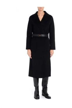 Elisabetta Franchi Trenchcoats & Mantels Wool And Cashmere Coat With Logoed Belt Black