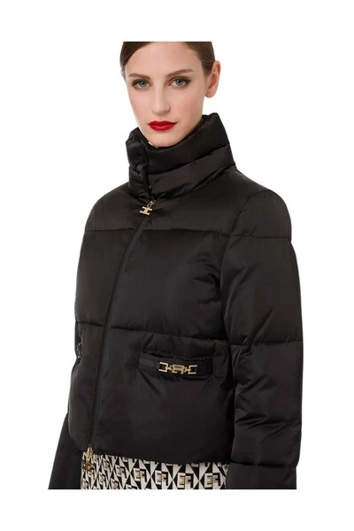 Elisabetta Franchi Bomber Jackets CROP PADDED DOWN JACKET WITH GOLD ACCESSORIES Black 1 Elisabetta Franchi Bomber Jackets CROP PADDED DOWN JACKET WITH GOLD ACCESSORIES Black