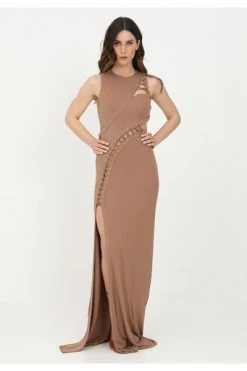 Elisabetta Franchi Maxi Jurken Red Carpet Sleeveless Dress With Opening Brown -Elisabetta Franchi Winkel 723bf72112848165406e214a44f34e7c