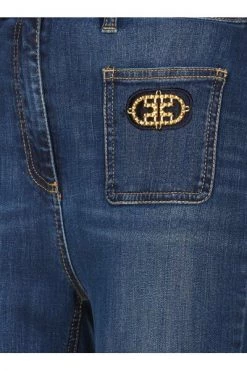 Elisabetta Franchi Straight Jeans Long Boot-cut Jeans With Embroidered Patches Blue