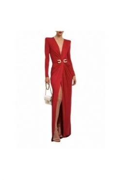 Elisabetta Franchi Maxi Jurken Red Carpet Dress With Long Sleeves And Rhinestones Maxi C Red