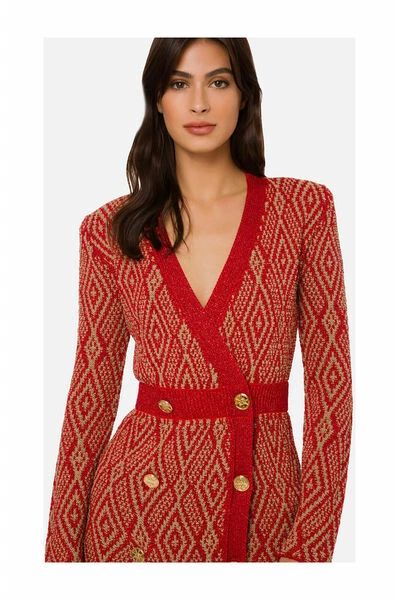 Elisabetta Franchi Casual Jurken Coat Dress With Ethnic Diamond Pattern Red 3 Elisabetta Franchi Casual Jurken Coat Dress With Ethnic Diamond Pattern Red - Afbeelding 3