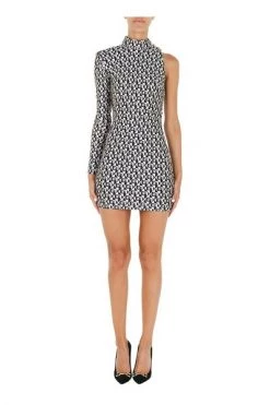Elisabetta Franchi Casual Jurken One Shoulder Diamond Print Mini Dress Black