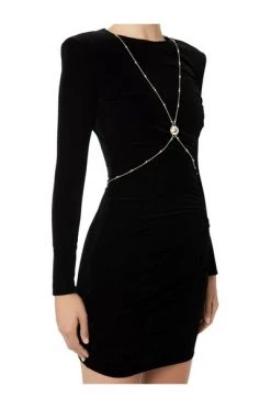 Elisabetta Franchi Casual Jurken Long Sleeved Short Dress With Chain Black
