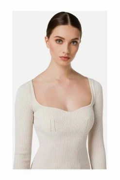 Elisabetta Franchi Blouses Narrow-Ribbed Sweater With Sweetheart Neckline Beige