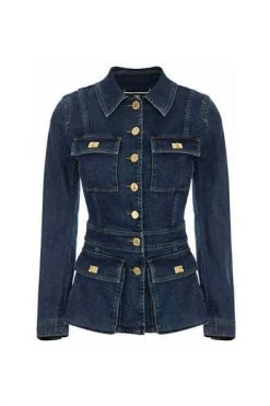 Elisabetta Franchi Spijkerjassen Denim Jacket With Peplum And Gold Details Blue