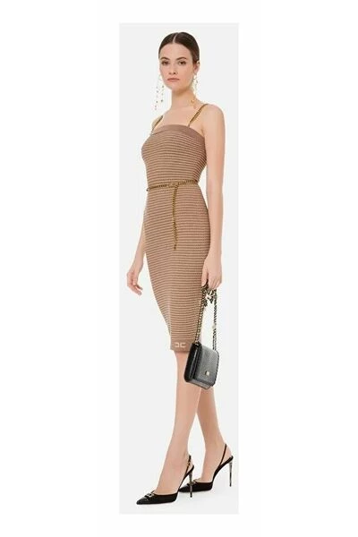 Elisabetta Franchi Casual Jurken Dress With Chain Belt Brown 4 Elisabetta Franchi Casual Jurken Dress With Chain Belt Brown - Afbeelding 4