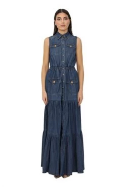 Elisabetta Franchi Maxi Jurken Denim Maxi Dress Blue 5 Elisabetta Franchi Maxi Jurken Denim Maxi Dress Blue -Elisabetta Franchi Winkel 9828e38cfe1e667ef1069473f70a876b