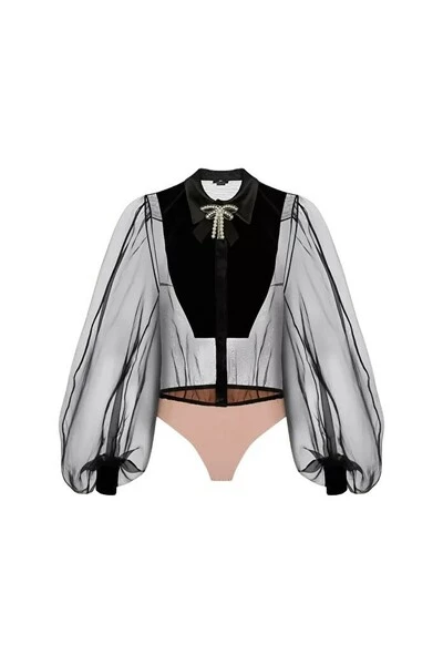 Bodies ELISABETTA FRANCHI Bodysuit-style Blouse In Organza Black 1 Bodies ELISABETTA FRANCHI Bodysuit-style Blouse In Organza Black