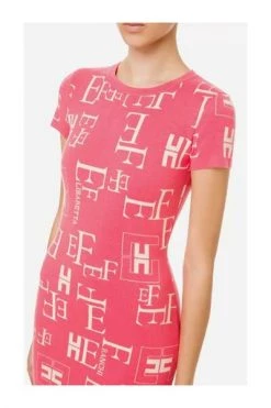 Elisabetta Franchi Casual Jurken Knitted Mini Dress With Lettering Print Pink