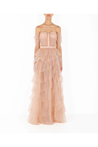 Elisabetta Franchi Maxi Jurken Red Carpet Tulle Dress With Bustier Pink 1 Elisabetta Franchi Maxi Jurken Red Carpet Tulle Dress With Bustier Pink