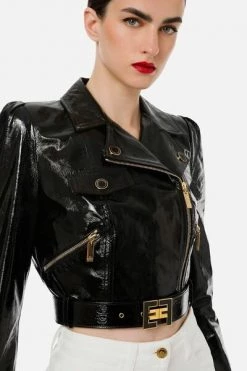 Elisabetta Franchi Leren En Suède Jassen Short Biker’s Jacket Black