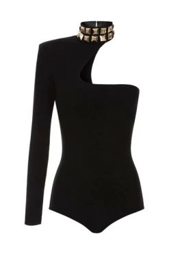 Elisabetta Franchi Bodies Bodysuit With High Collar And Studs Black