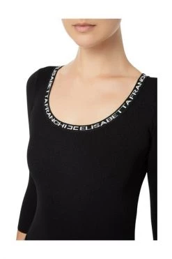 Elisabetta Franchi T-shirts Fine Rib Top With Logoed Neckline Black
