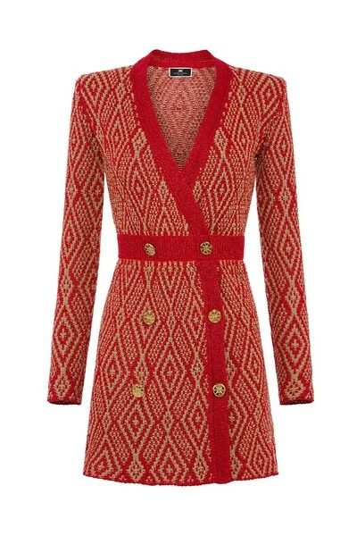 Elisabetta Franchi Casual Jurken Coat Dress With Ethnic Diamond Pattern Red 2 Elisabetta Franchi Casual Jurken Coat Dress With Ethnic Diamond Pattern Red - Afbeelding 2