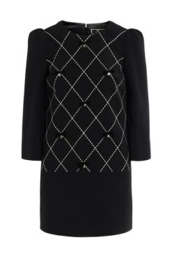 Elisabetta Franchi Casual Jurken Diamond Patterned Crew Neck Dress With Charms Black