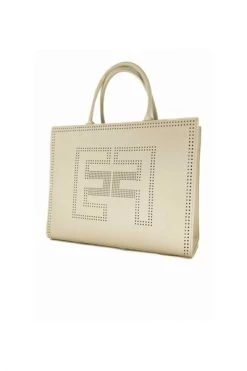Elisabetta Franchi Shoppers Large Tote Bag With Perforated Logo Beige
