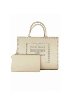 Elisabetta Franchi Shoppers Large Tote Bag With Perforated Logo Beige -Elisabetta Franchi Winkel cd1155d285cefa94bd1fe0152c77fe5d