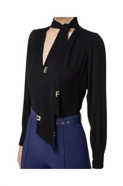 Elisabetta Franchi Blouses Shirt With Scarf And Gold Logo Plates Black -Elisabetta Franchi Winkel e026d0e38845889932ad41060269a623