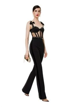 Elisabetta Franchi Jumpsuits & Tuinbroeken Double Layer Jumpsuit With Embroidered Tulle Bodice Black