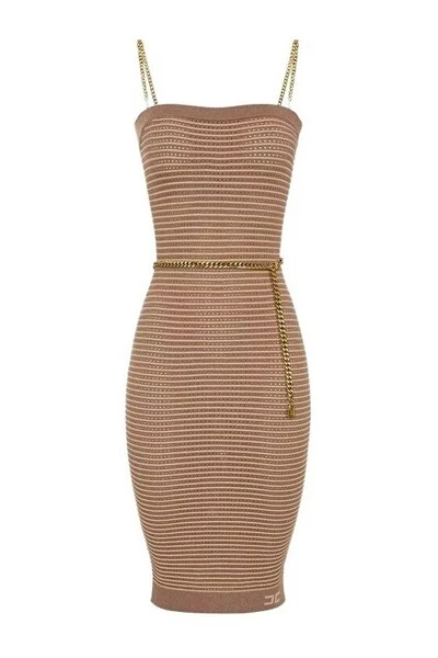 Elisabetta Franchi Casual Jurken Dress With Chain Belt Brown 1 Elisabetta Franchi Casual Jurken Dress With Chain Belt Brown