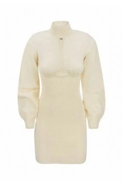Elisabetta Franchi Casual Jurken Ribbed Mini Dress With High Neck And Cups Beige