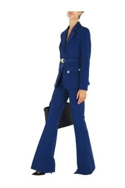Elisabetta Franchi Blazers Jacket With Belt At The Waist And Gold Studs Blue